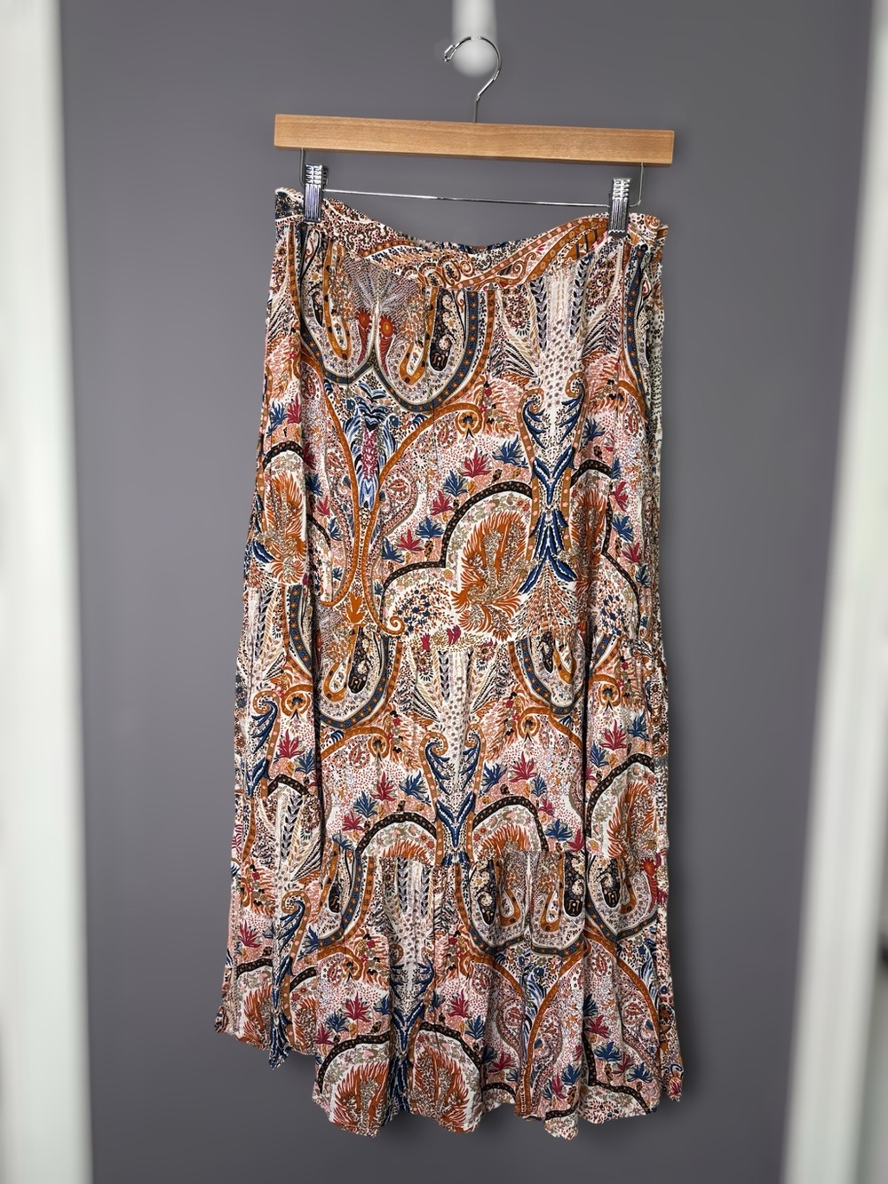 Tahari Boho Brown Blue Paisley Maxi Skirt Large